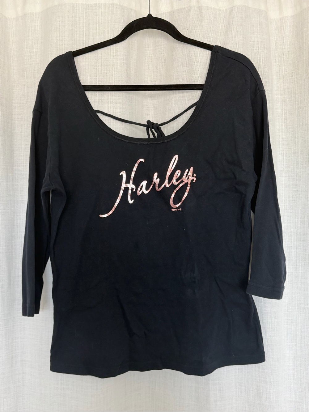 Harley Davidson black 3/4 sleeve top with tie back detail